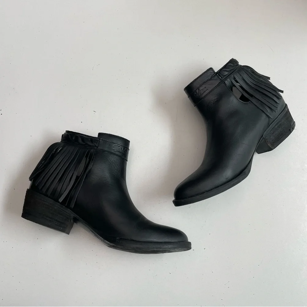 Harley Davidson Boots Amory Heeled Leather Ankle Fringe Buckle Braided Black - Picture 6 of 16